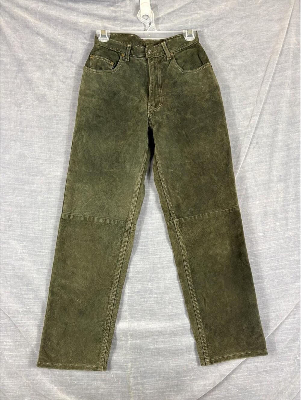 Vintage Wash & Wear Suede Leather Pants 24x 26 Green Jeans Cowboy Western W&W